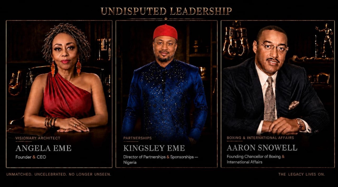 AIBHOF Undisputed Leadership — Angela Eme, Visionary Architect and Founder & CEO; Kingsley Eme, Director of Partnerships & Sponsorships, Nigeria; and Aaron Snowell, Founding Chancellor of Boxing & International Affairs